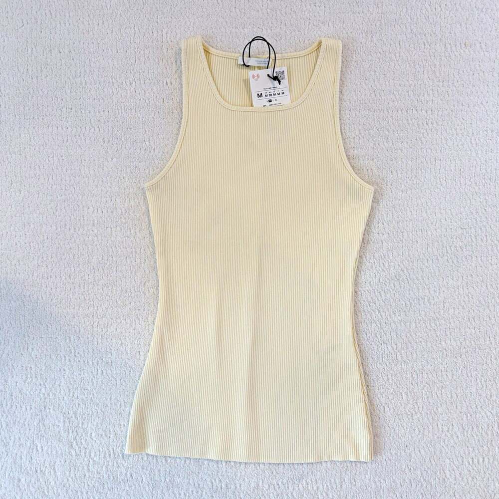 Zara Women’s Beige Ribbed Knit Tank Top M Sleeveless Scoop Neck Cotton Blend